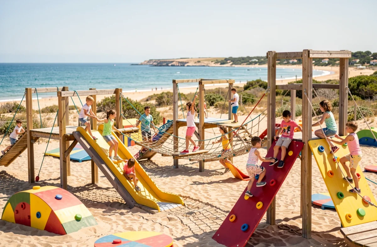 Enfants s'amusant dans le parc d'activités Acromix en bord de mer à Gruissan
