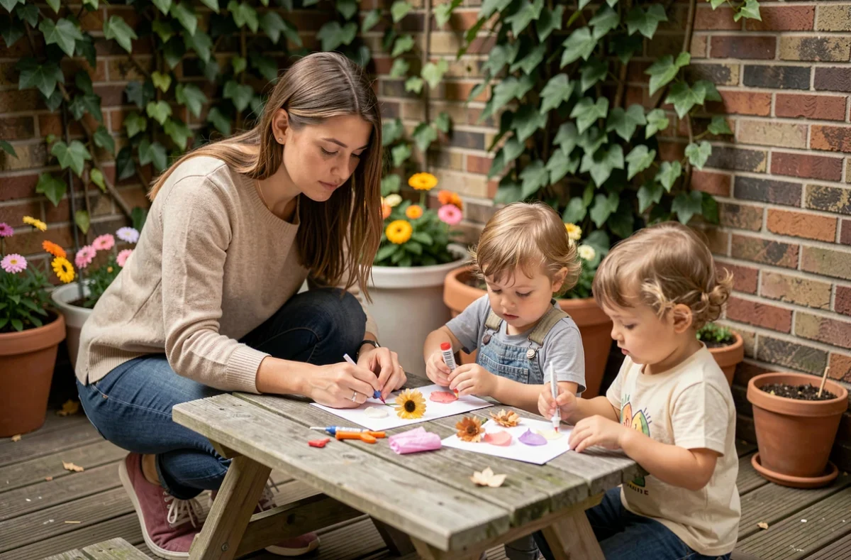 Éducatrice aidant des bébés à créer des cartes florales pour la fête des mères en terrasse extérieure de crèche