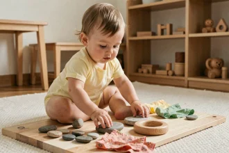 Tout-petit de 18 mois explorant des objets sensoriels texturés en crèche Montessori, activité d'éveil des 5 sens