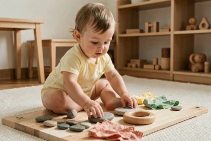 Tout-petit de 18 mois explorant des objets sensoriels texturés en crèche Montessori, activité d'éveil des 5 sens