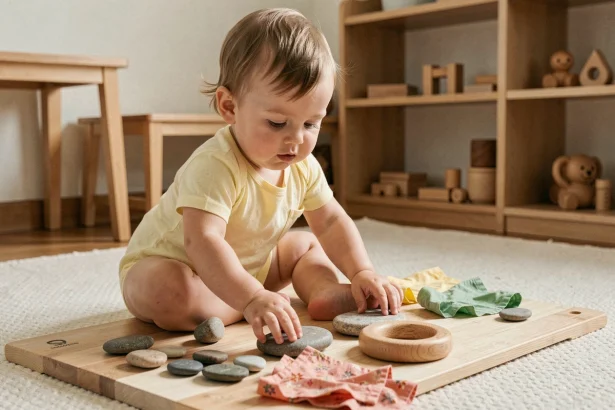 Tout-petit de 18 mois explorant des objets sensoriels texturés en crèche Montessori, activité d'éveil des 5 sens