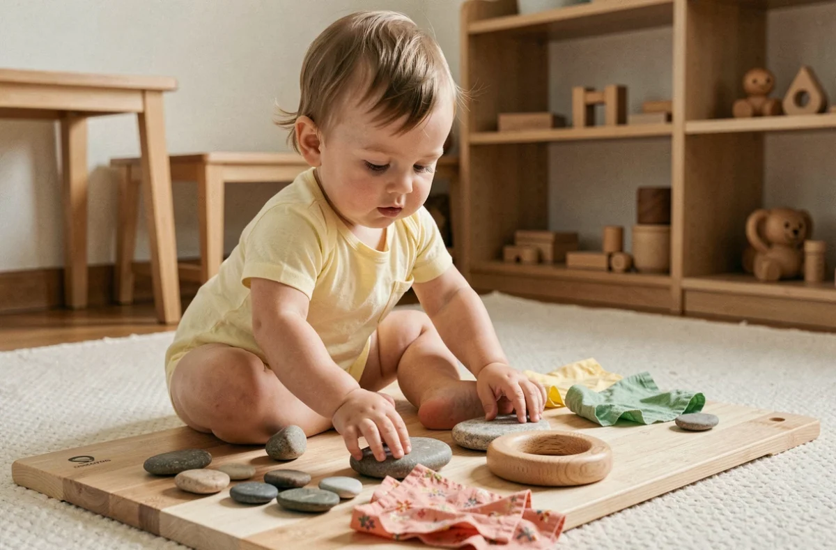 Tout-petit de 18 mois explorant des objets sensoriels texturés en crèche Montessori, activité d'éveil des 5 sens