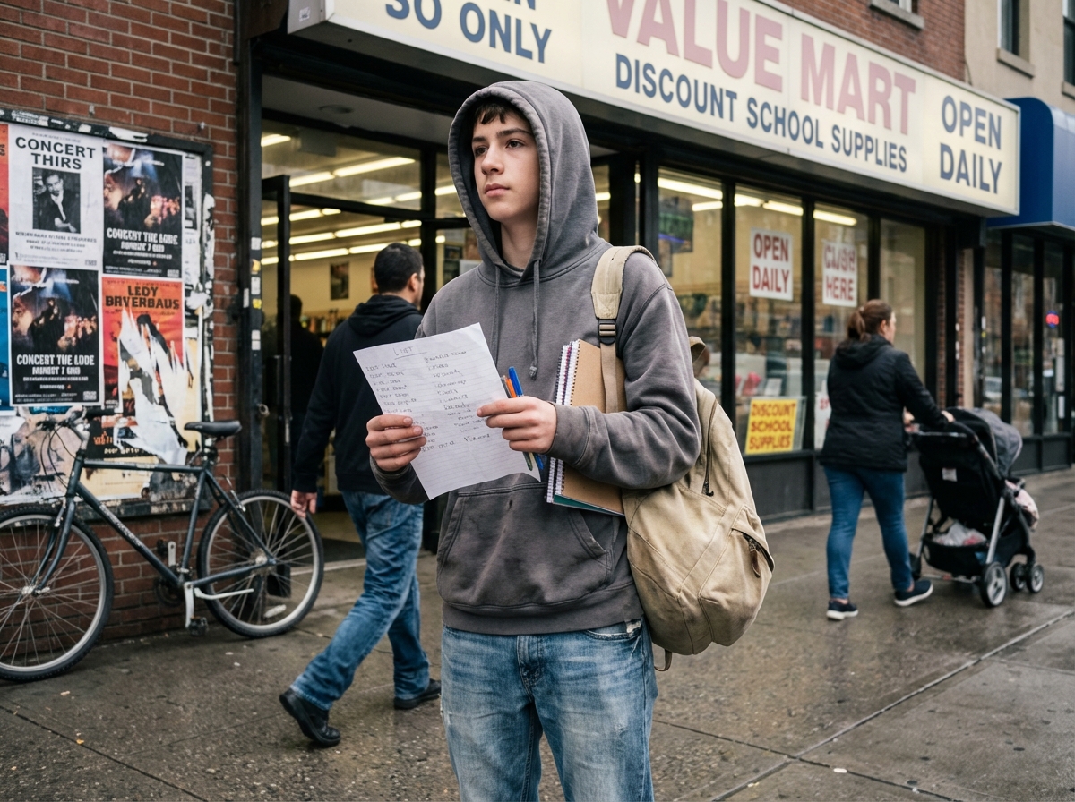 Adolescent vérifie sa liste de courses devant un magasin