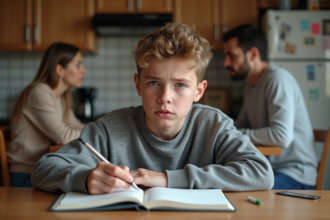Jeune garçon pensif à la maison avec ses parents