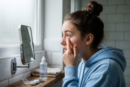 Adolescente de 15 ans qui met des lentilles de contact devant un miroir de salle de bain, avec étui à lentilles et solution saline visibles