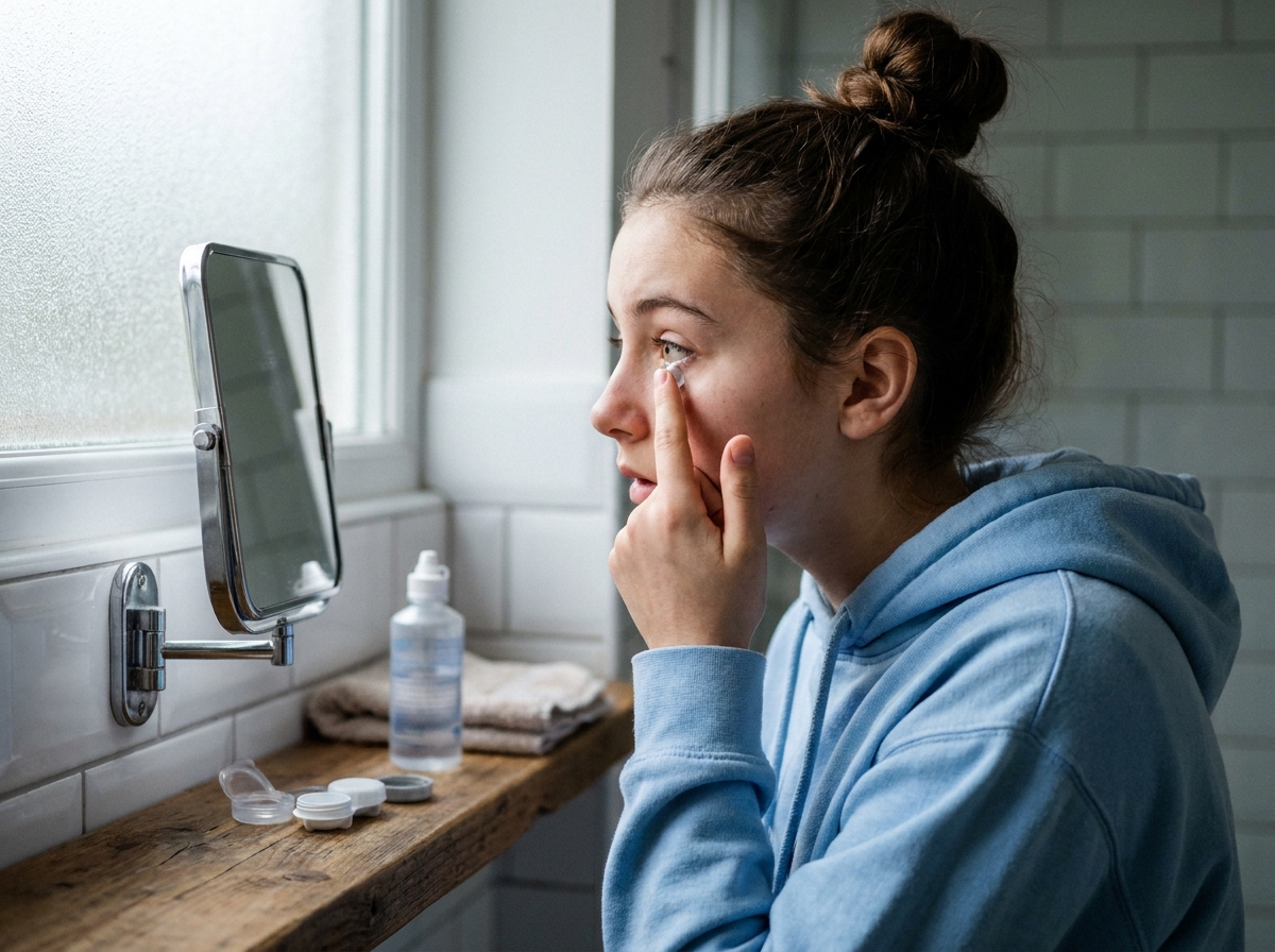 Adolescente de 15 ans qui met des lentilles de contact devant un miroir de salle de bain, avec étui à lentilles et solution saline visibles