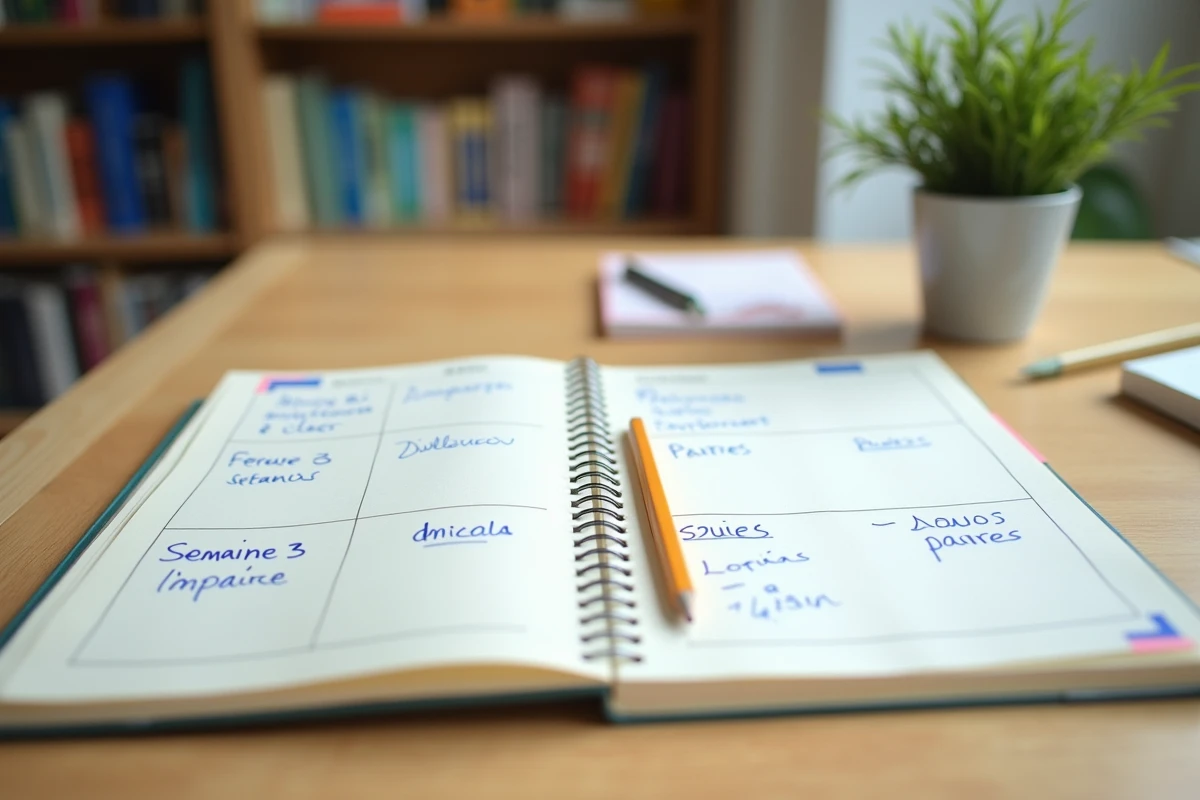 Agenda ouvert sur des pages de semaine paire et impaire avec annotations manuscrites et onglets colorés