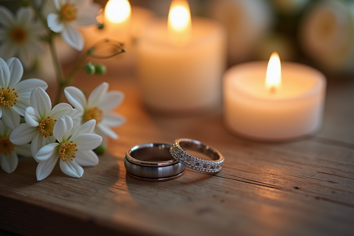 Alliances de mariage sur une table en bois avec fleurs et bougie