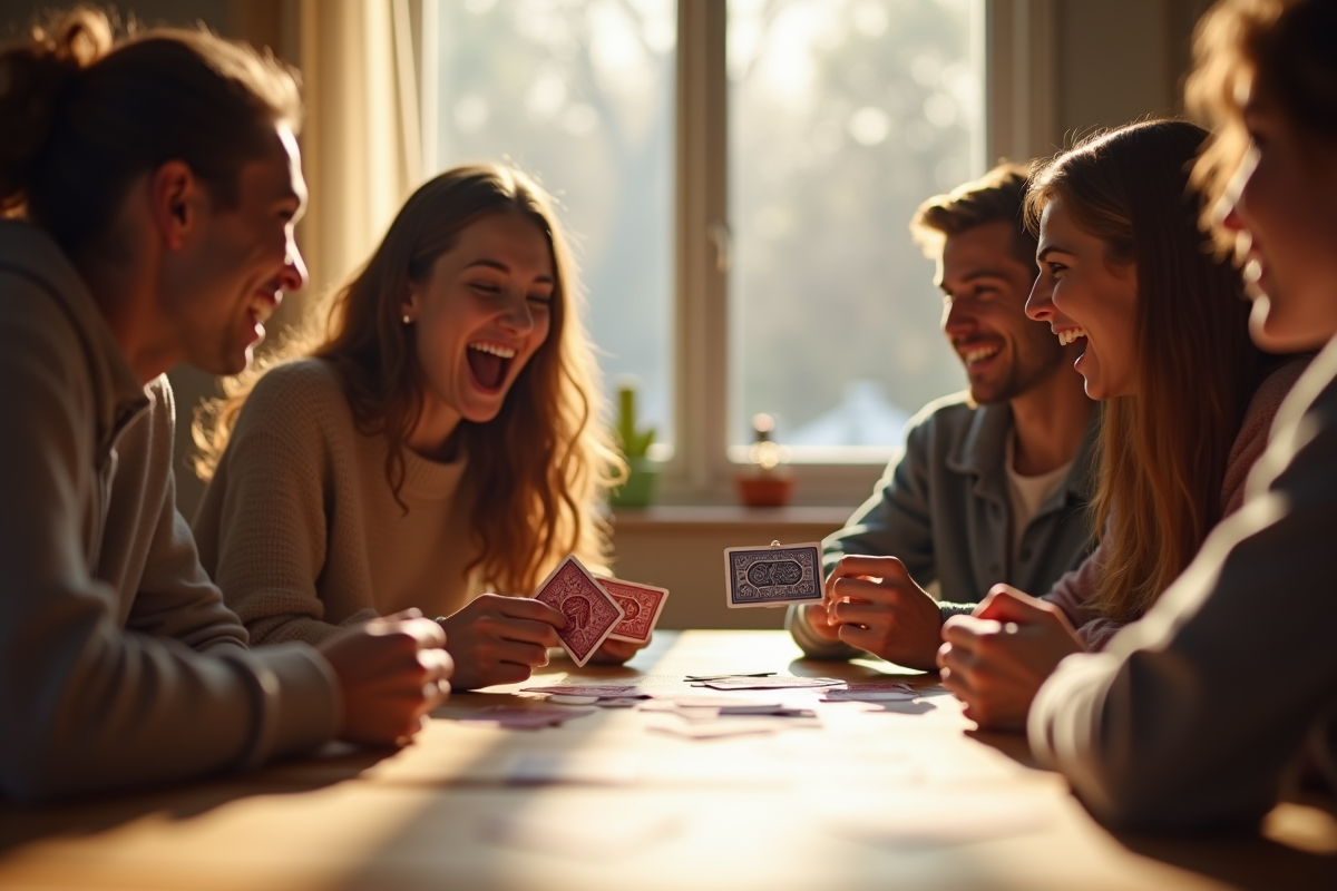 Groupe d'amis jouant à des jeux de société autour d'une table