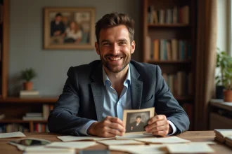 Animateur TV français souriant dans son bureau vintage