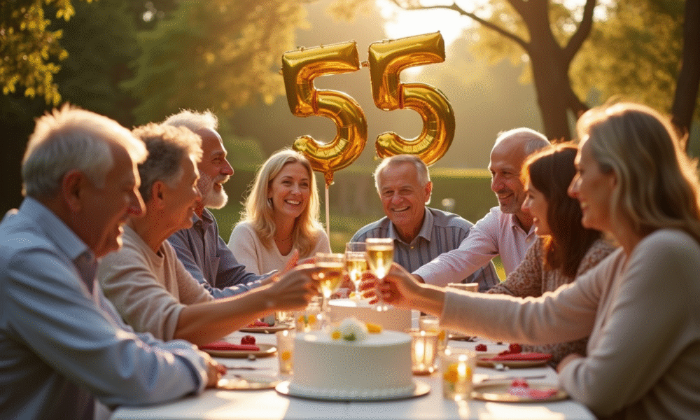Famille heureuse célébrant un anniversaire de 55 ans en extérieur