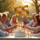 Famille heureuse célébrant un anniversaire de 55 ans en extérieur