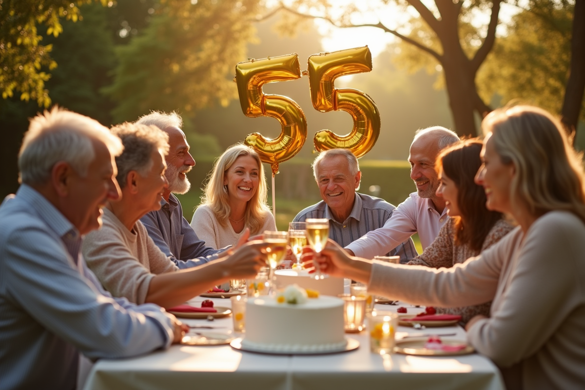 Famille heureuse célébrant un anniversaire de 55 ans en extérieur