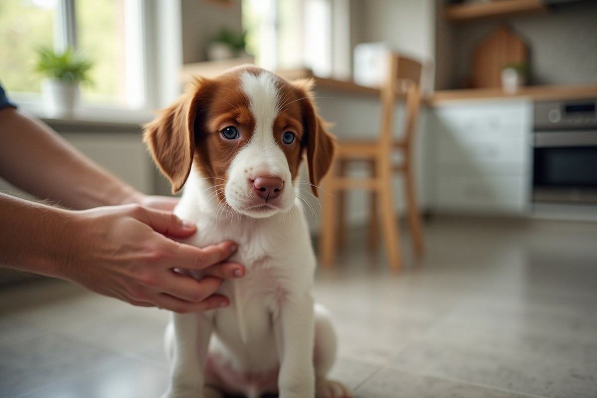 Main entraînant un chiot Brittany Spaniel dans une cuisine moderne