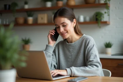 Assistante maternelle au téléphone avec Pajemploi tout en consultant son espace en ligne sur un ordinateur portable dans une cuisine