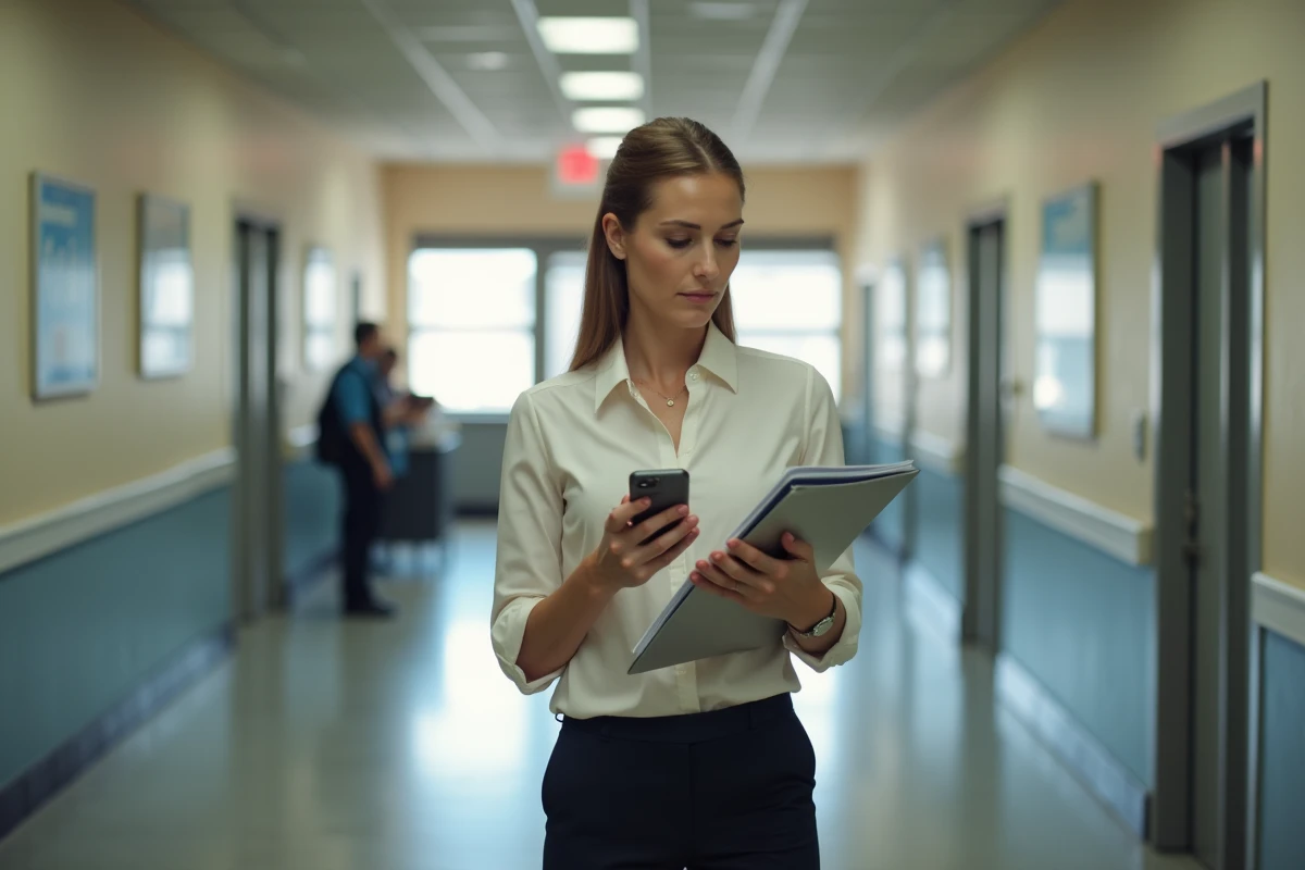 Une assistante sociale consultant son téléphone dans le couloir d'un centre communautaire