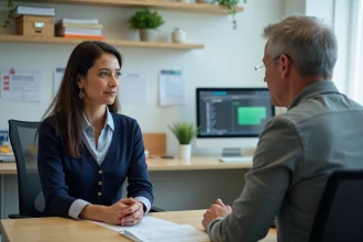 Une assistante sociale en consultation avec un usager dans un bureau de services sociaux moderne