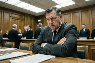 Homme aux bras croisés dans une salle d'audience, attitude défensive devant le juge aux affaires familiales