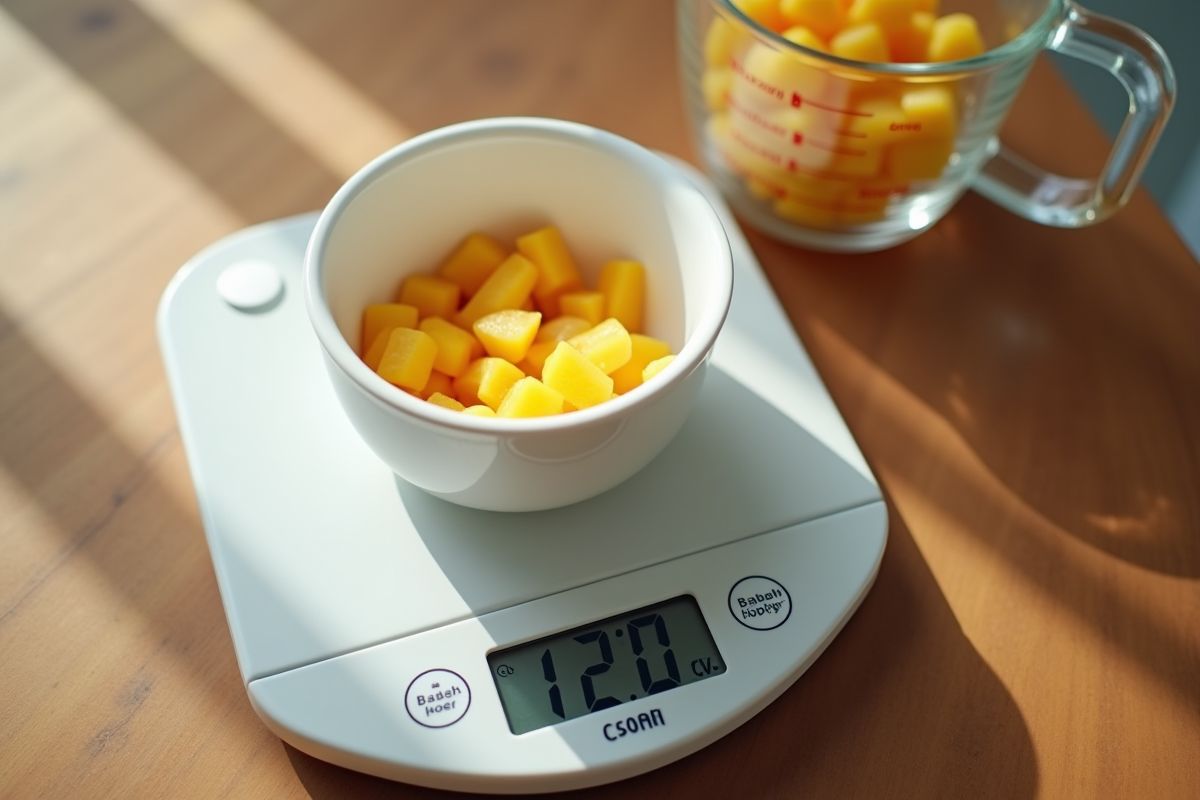 Balance de cuisine numérique avec bol de nourriture bébé en gros plan