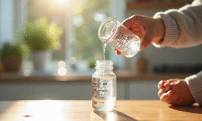 Main d'un parent versant de l'eau dans un biberon bébé