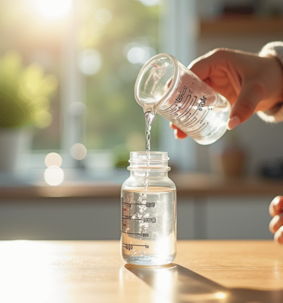 Main d'un parent versant de l'eau dans un biberon bébé