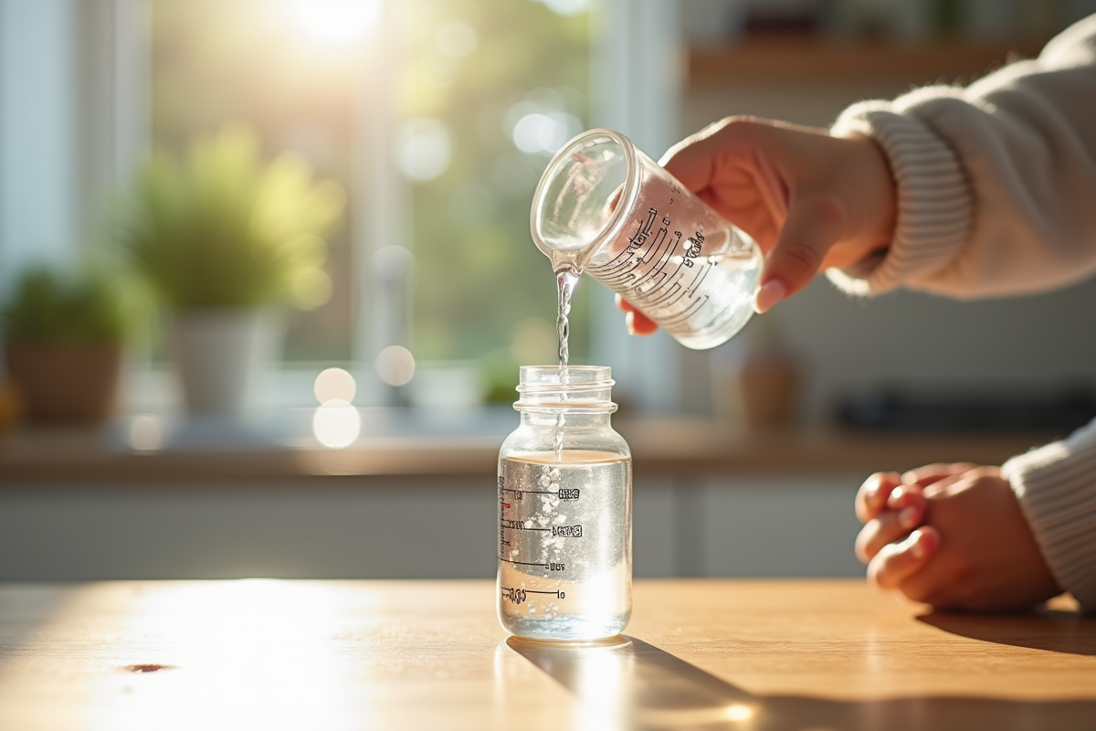 Main d'un parent versant de l'eau dans un biberon bébé