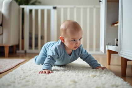 Bébé de 10 mois rampe dans un salon sécurisé et moderne