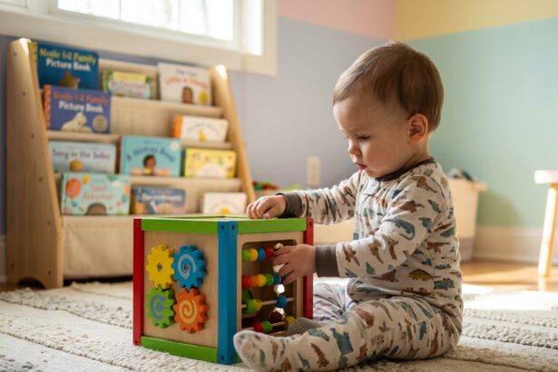 Bébé de un an explore un jouet éducatif coloré