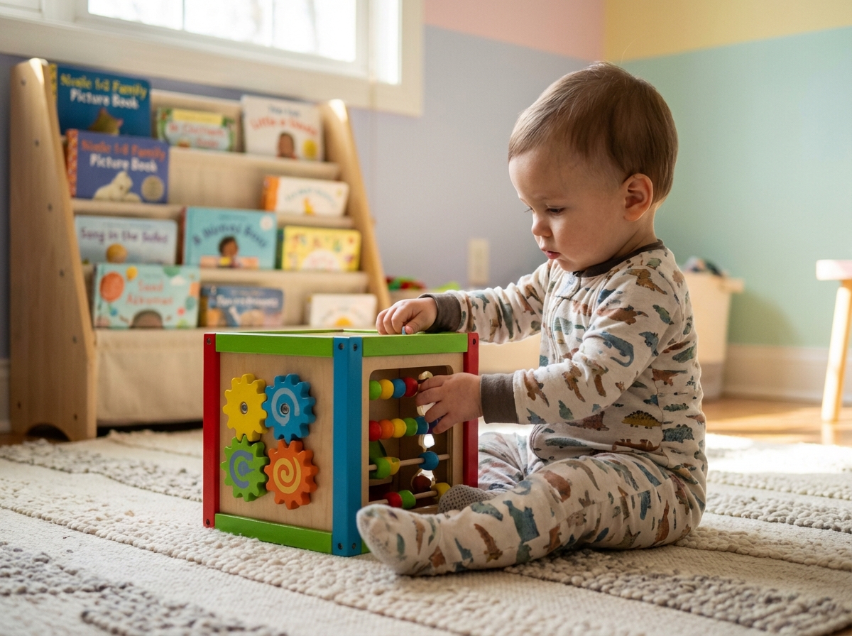 Bébé de un an explore un jouet éducatif coloré