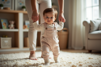 Bebe fille de un an marchant avec sa maman dans un salon chaleureux