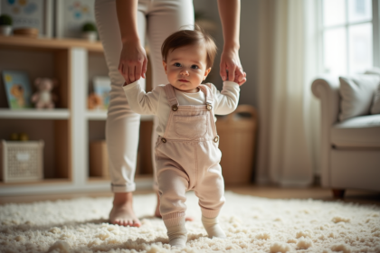 Bebe fille de un an marchant avec sa maman dans un salon chaleureux