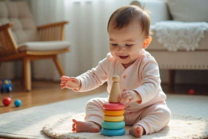 Bebe fille de 7 mois en pyjama coton pastel souriant