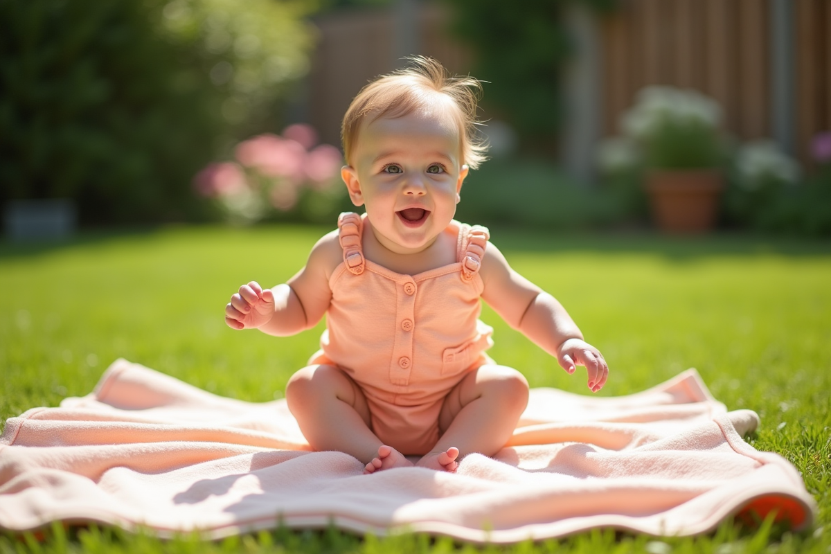 Bébé fille en robe pêche roule dans le jardin