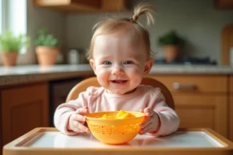 Bebe fille en salopette pastel mangeant de la mangue