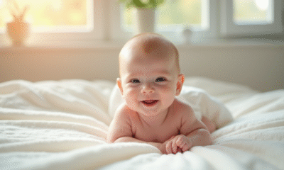 Bébé nouveau-ne souriant sur une couverture blanche