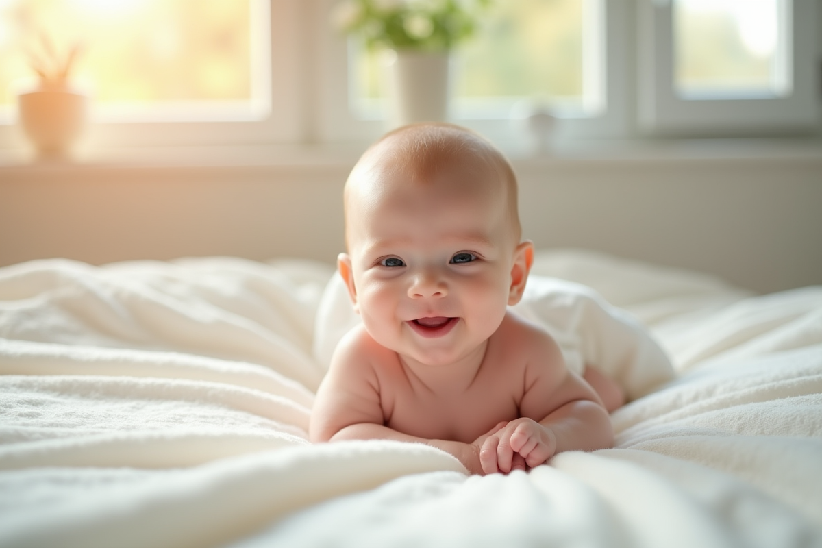 Bébé nouveau-ne souriant sur une couverture blanche