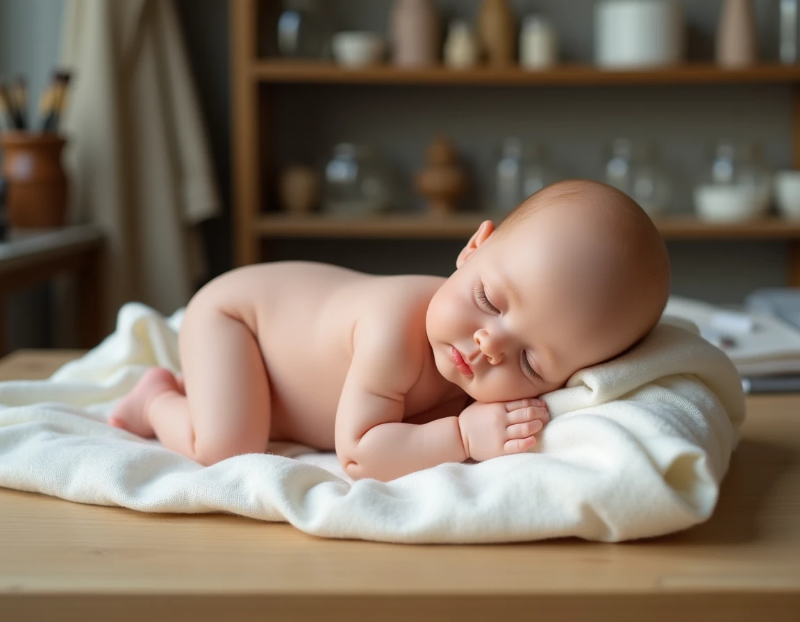 Bébé reborn en silicone allongé sur une couverture mousseline avec détails de peau ultra-réalistes sur table en bois