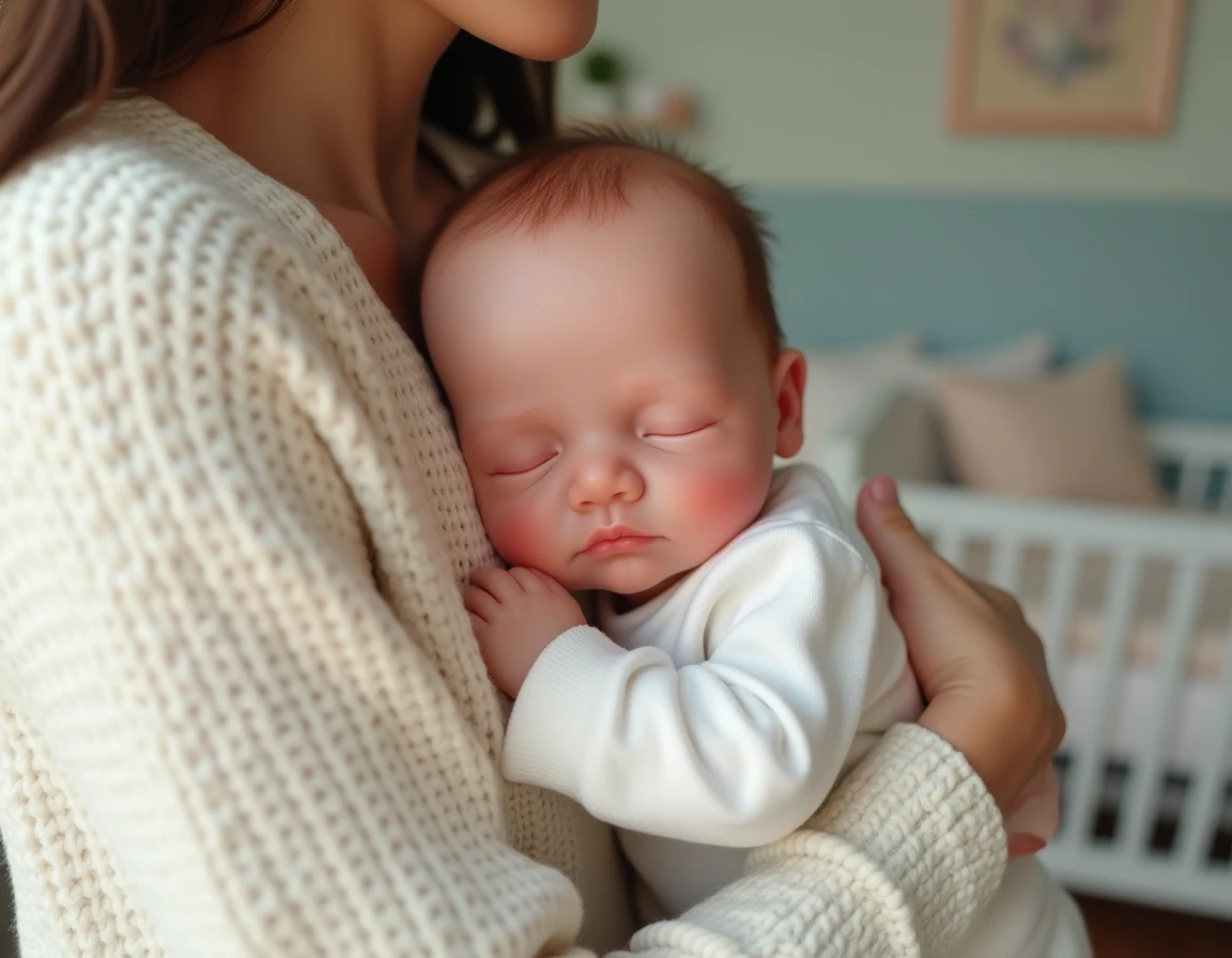 Femme tenant un bébé reborn en silicone ultra-réaliste aux traits délicats dans une chambre de bébé cosy