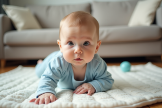 Bébé garçon en body bleu roule sur tapis de jeu