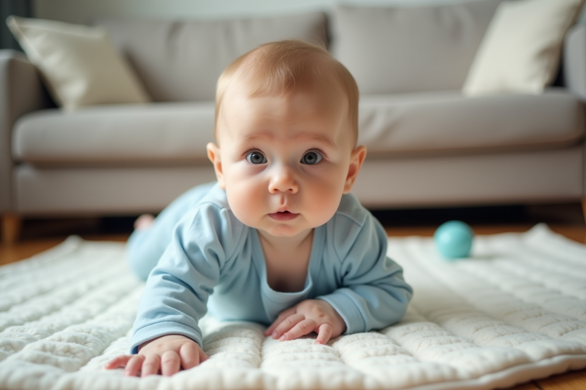 Bébé garçon en body bleu roule sur tapis de jeu