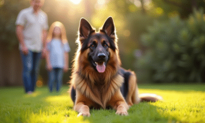 Berger allemand à poil long dans un jardin ensoleille avec famille