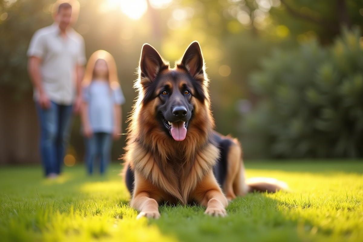 Berger allemand à poil long dans un jardin ensoleille avec famille