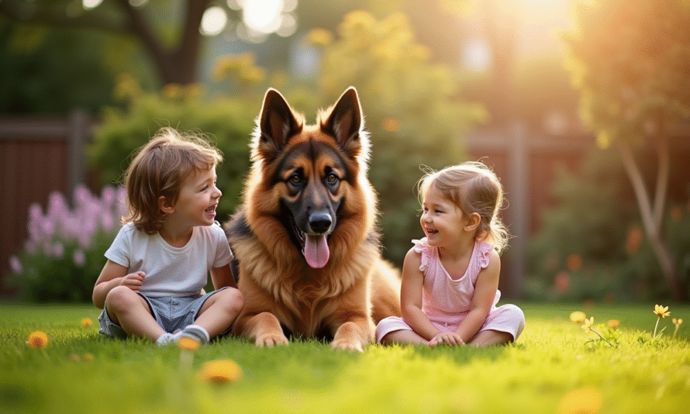 Berger allemand à long poil jouant avec des enfants dans le jardin