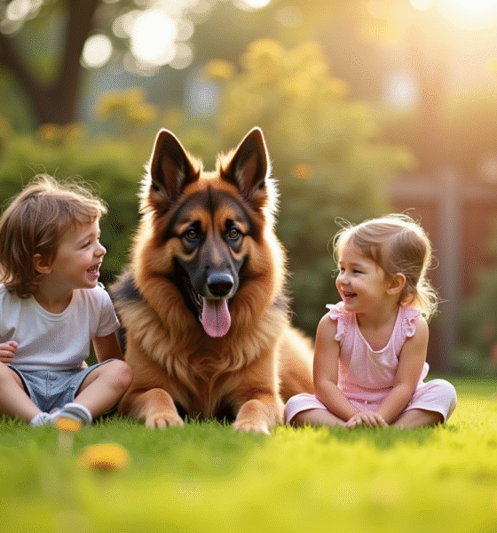 Berger allemand à long poil jouant avec des enfants dans le jardin