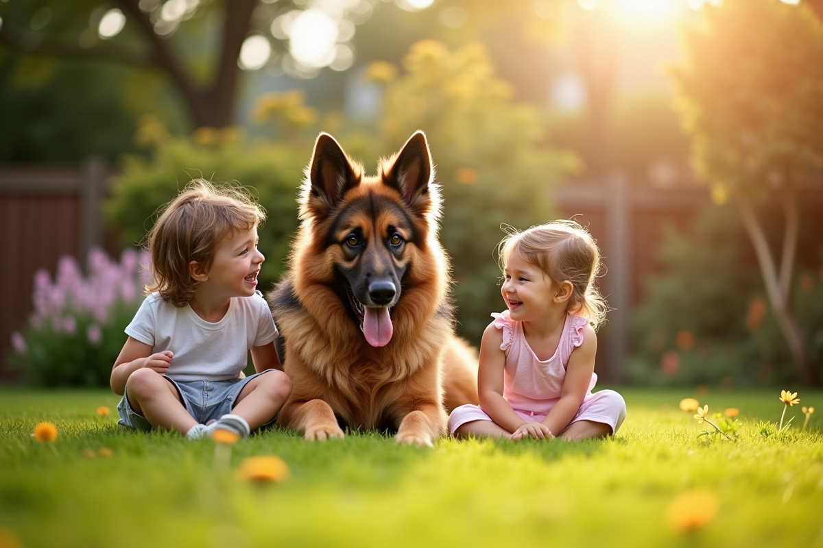 Berger allemand à long poil jouant avec des enfants dans le jardin