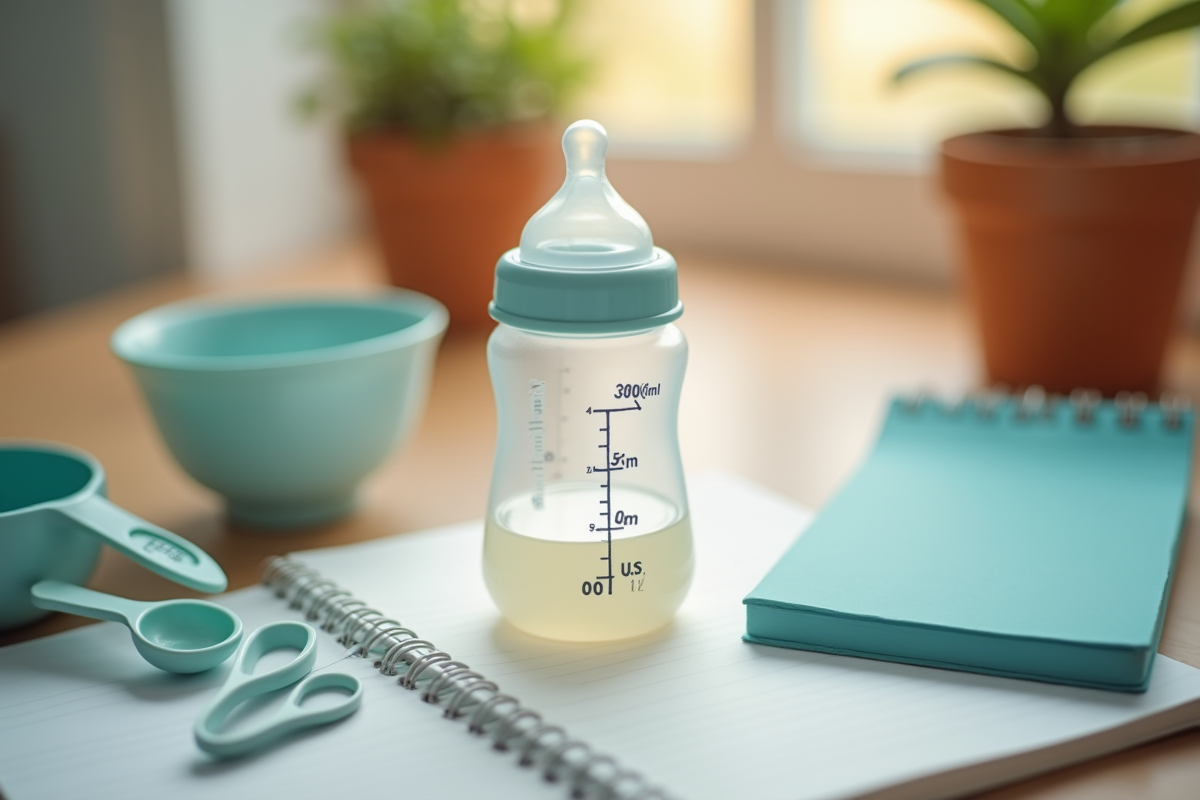 Biberon avec liquide à 300 ml entouré de tasses et notes