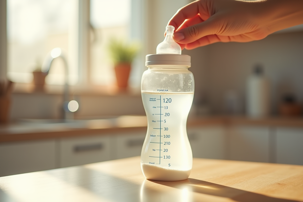 Biberon pour bébé en cours de remplissage précis avec poudre et eau