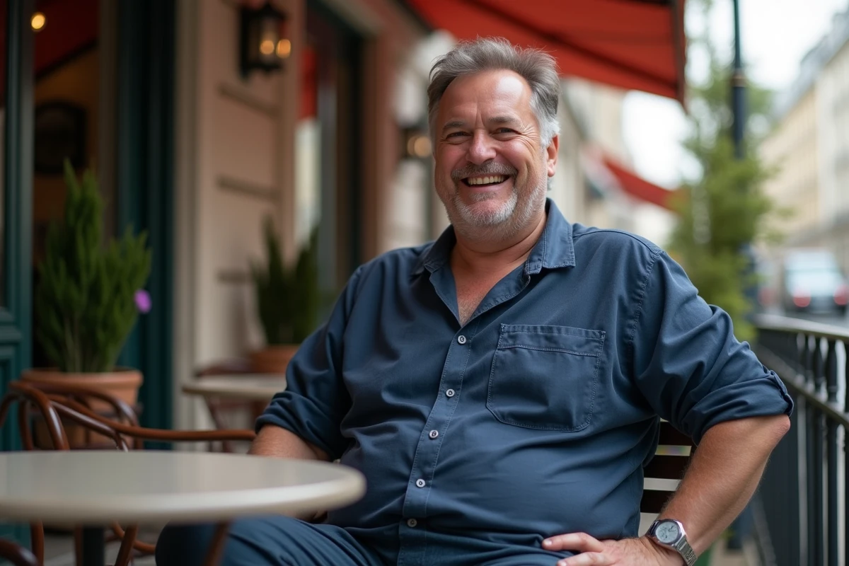 Portrait de Booder humoriste français souriant en terrasse de café parisien