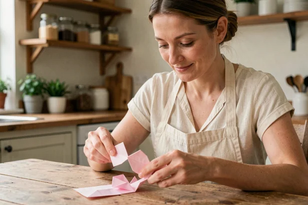 Femme préparant un bricolage en papier origami pour la fête des mères à une table en bois rustique