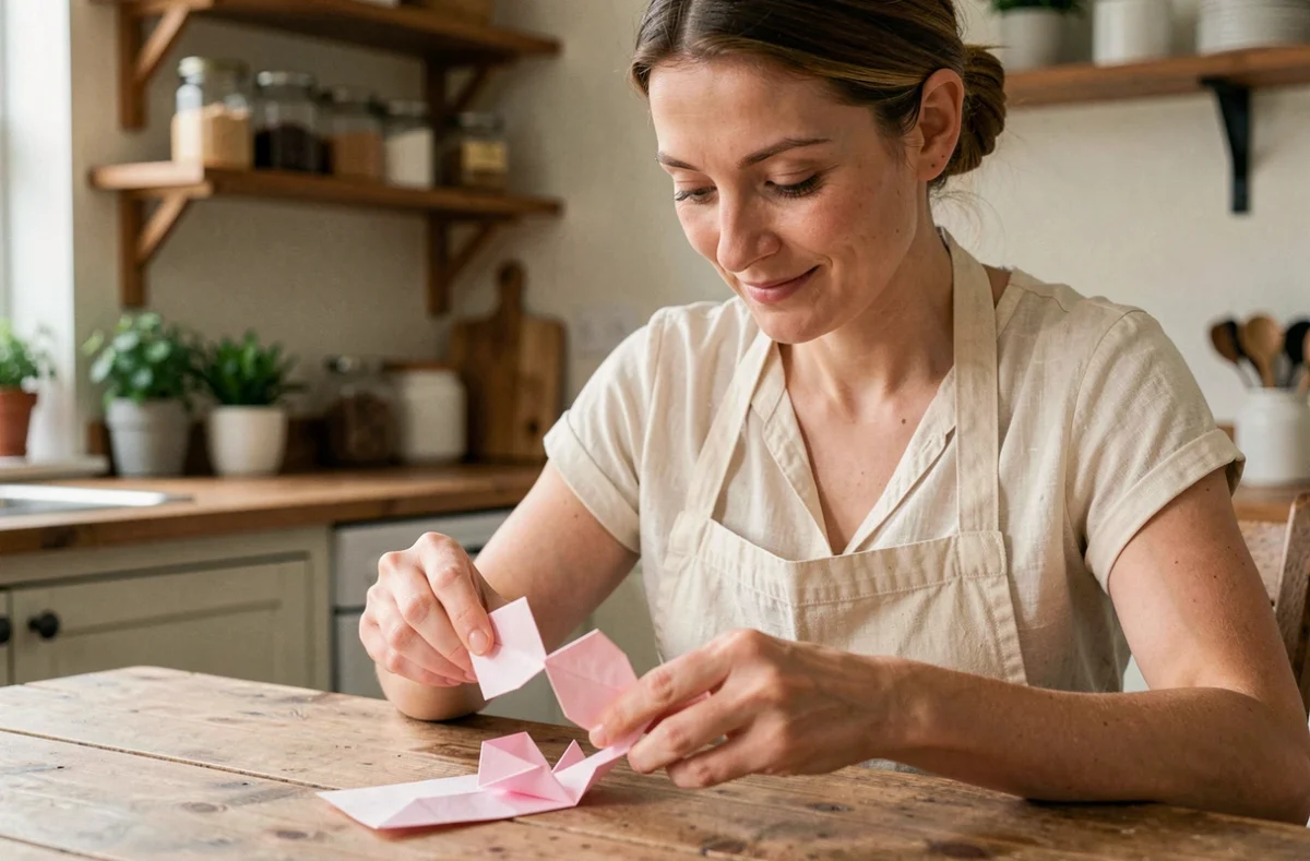 Femme préparant un bricolage en papier origami pour la fête des mères à une table en bois rustique